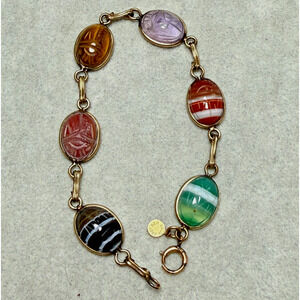 Vintage Ronci Gold Filled 8" Scarab Bracelet Semi Precious Stones Bigger Wrist